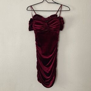 Windsor Burgundy Velvet Ruched Off-Shoulder Mini Dress